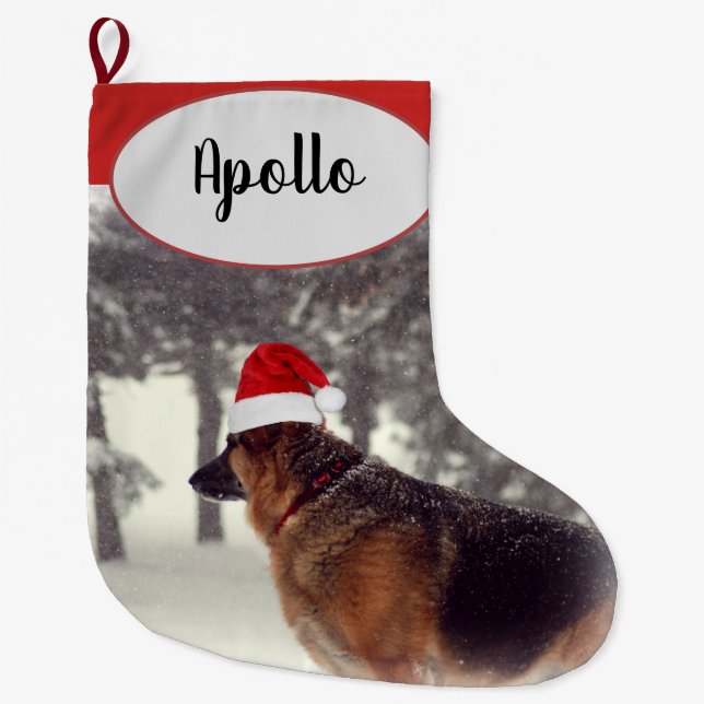 Adorable German Shepherd in Santa Hat Large Christmas Stocking (Front)
