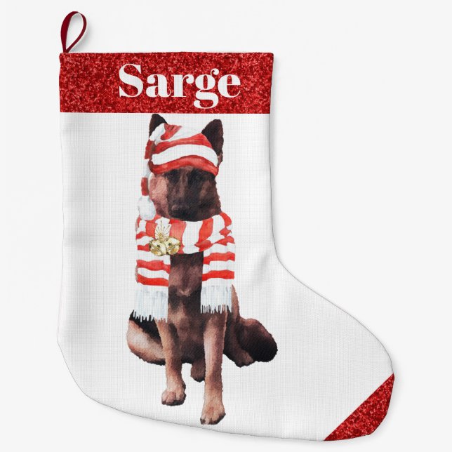 Adorable German Shepherd in Santa Hat Large Christmas Stocking (Front)