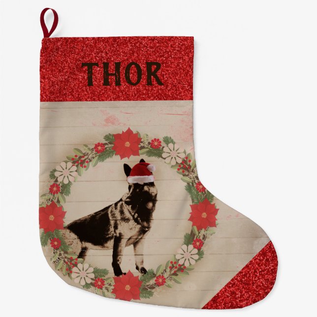 Adorable German Shepherd in Santa Hat Large Christmas Stocking (Front)
