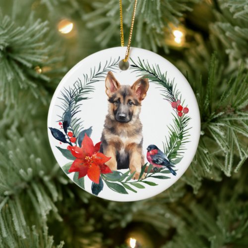 Adorable German Shepherd Pup Watercolor Poinsettia Ceramic Ornament