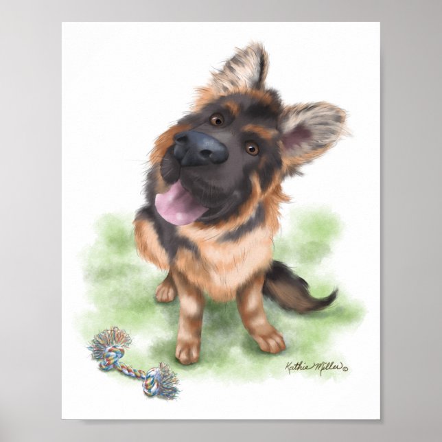 Adorable German Shepherd Puppy Cartoon Poster (Front)