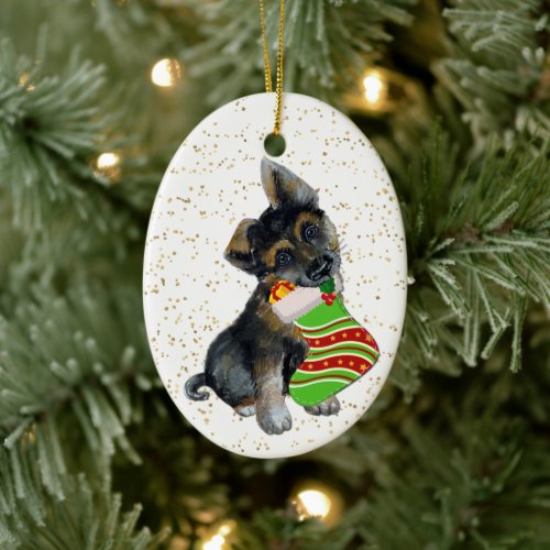 Adorable German Shepherd Puppy Christmas Stocking Ceramic Ornament