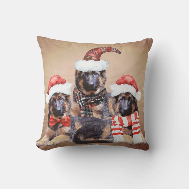 Adorable German Shepherd Puppy in Holiday Clothes Throw Pillow (Front)