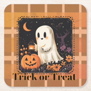 Adorable Ghost Trick or Treat Halloween Candy Square Paper Coaster