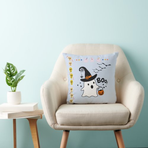 Adorable Ghost Trick or Treating Blue Halloween Throw Pillow
