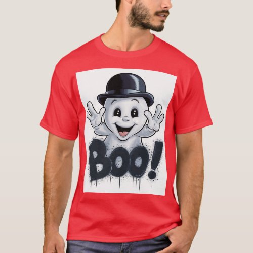 Adorable Ghost with Bowler Hat and BOO Graffiti T_Shirt