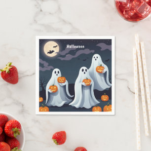 Adorable Ghosts Holding Pumpkins Under a Full Moon Napkins