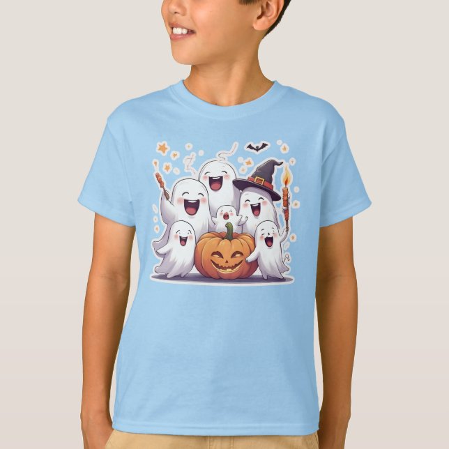 Adorable Ghosts & Pumpkin Kids Halloween T-Shirt – (Front)