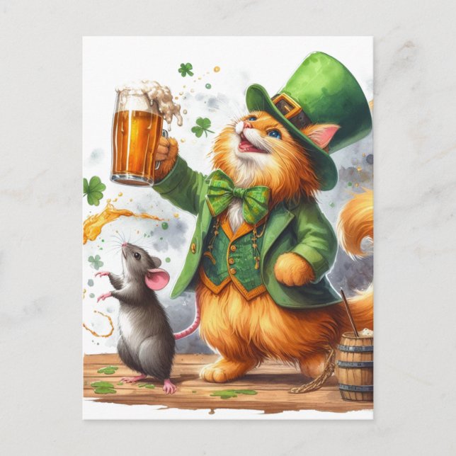 Adorable Ginger Cat and a Mouse With Beer Postcard (Front)