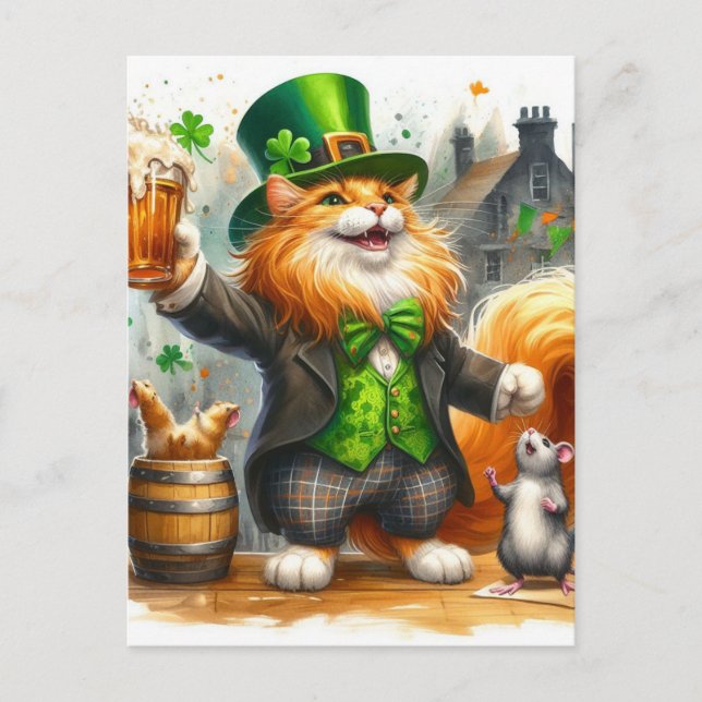 Adorable Ginger Cat and a Mouse With Beer St. Pats Postcard (Front)