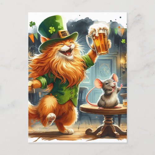 Adorable Ginger Cat and a Mouse With Beer St Pats Postcard