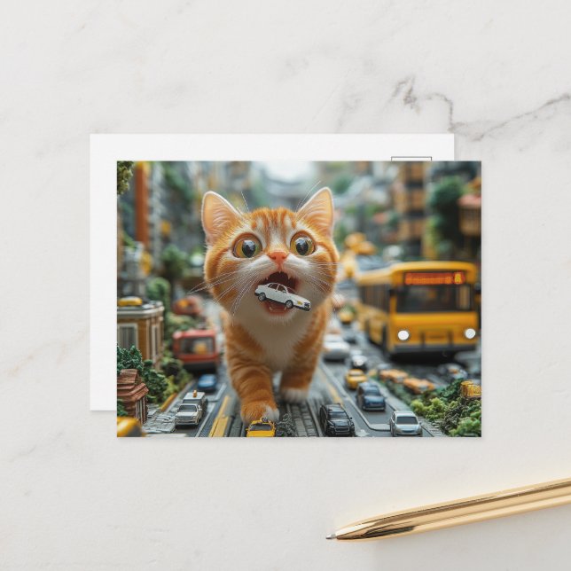 Adorable Ginger Cat Eats A Car Postcard (Front/Back In Situ)