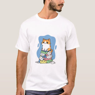 Adorable Ginger Cat Sitting on a Stack of Colorful T-Shirt