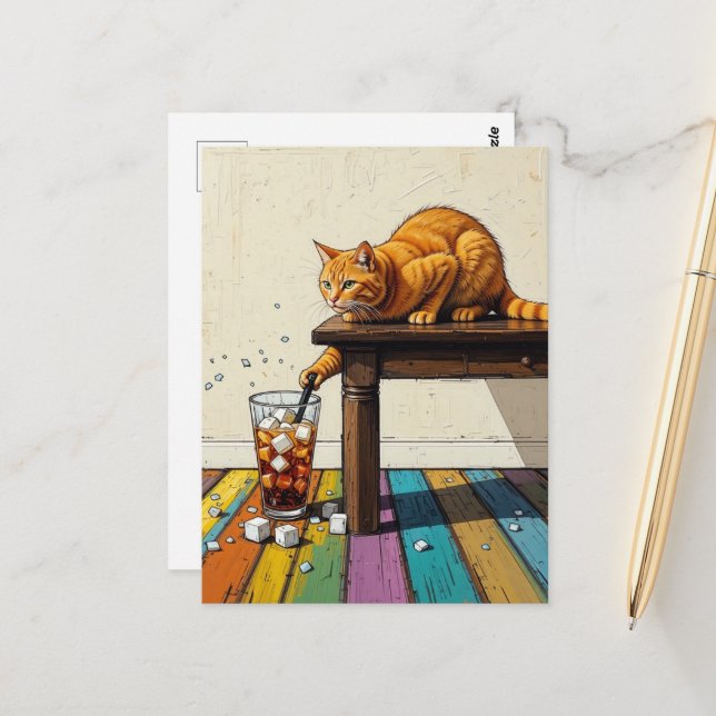 Adorable Ginger Cat Spills the Ice Postcard (Front/Back In Situ)