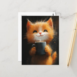Adorable Ginger Cat With a Coffee Postcard