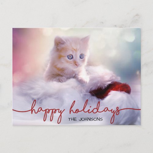 Adorable Ginger Kitten Cat Santa Hat Christmas Holiday Postcard