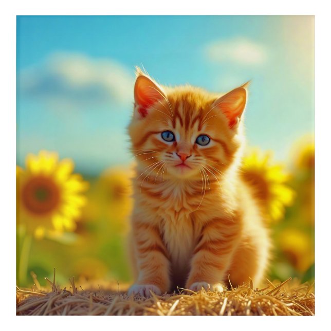Adorable Ginger Kitten in Field of Sunflowers Acrylic Print (Front)