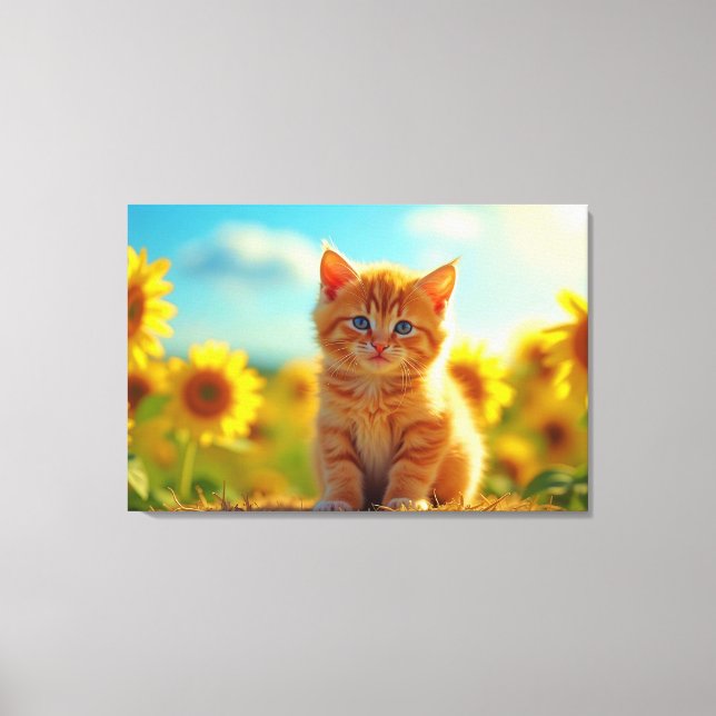 Adorable Ginger Kitten in Field of Sunflowers Canvas Print (Front)