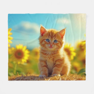 Adorable Ginger Kitten in Field of Sunflowers Fleece Blanket