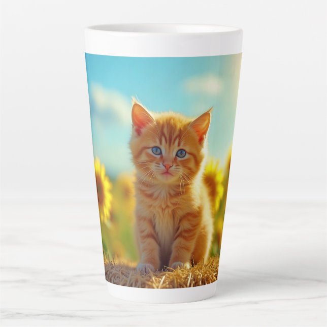 Adorable Ginger Kitten in Field of Sunflowers Latte Mug (Front)