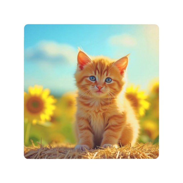 Adorable Ginger Kitten in Field of Sunflowers Metal Print (Front)