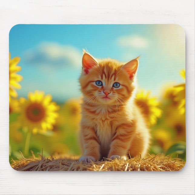 Adorable Ginger Kitten in Field of Sunflowers Mouse Pad (Front)