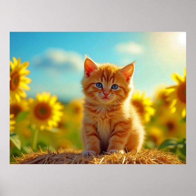 Adorable Ginger Kitten in Field of Sunflowers Poster (Front)