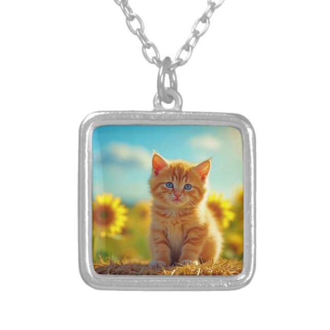 Adorable Ginger Kitten in Field of Sunflowers Silver Plated Necklace (Front)