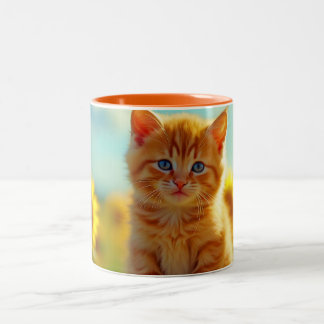 Adorable Ginger Kitten in Field of Sunflowers Two-Tone Coffee Mug
