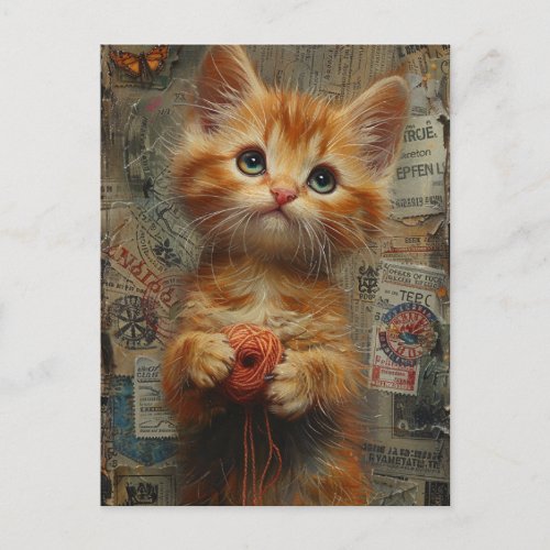 Adorable Ginger Kitten With Yarn collage Postcard