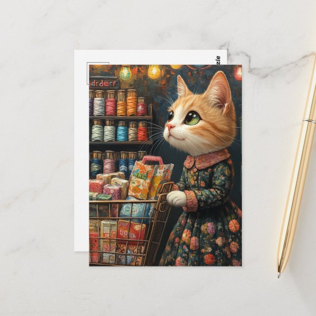 Adorable Ginger Kitty Shopping For Groceries Postcard (Front/Back In Situ)