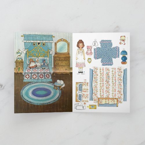 Adorable Gingham Old Fashioned Bedroom Paper Doll Card