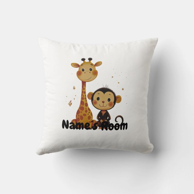 Adorable Giraffe and Monkey Friends Kids Throw Pillow (Back)