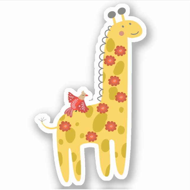 Adorable Giraffe & Bird Flowers Yellow Red Laptop Sticker (Front)