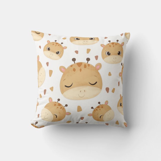 Adorable Giraffe Faces Pattern Throw Pillow (Front)