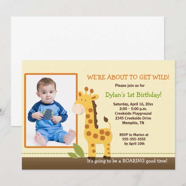 Adorable Giraffe *PHOTO* Birthday 5x7 Invitation (Front/Back)