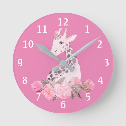 Adorable Giraffe Pink Floral Baby Nursery  Round Clock