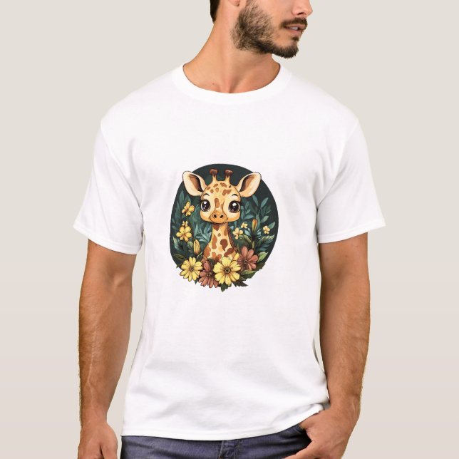 Adorable Giraffe Surrounded By Flowers  _4 T-Shirt (Front)