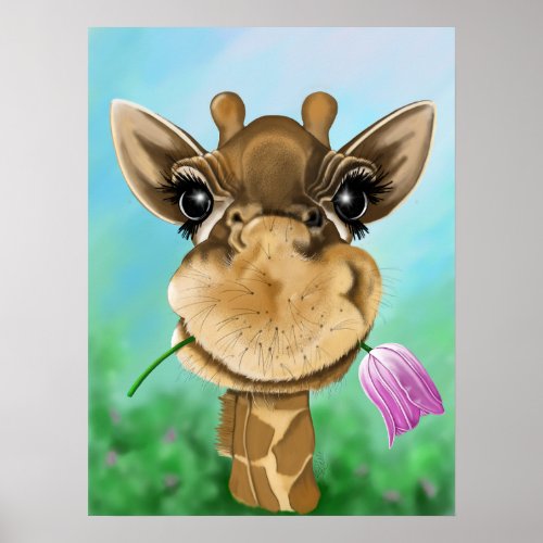 Adorable giraffe with flower poster