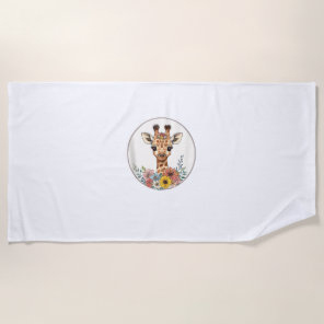Adorable Giraffe With Flowers  Beach Towel