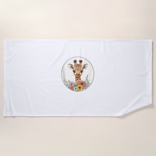 Adorable Giraffe With Flowers Beach Towel