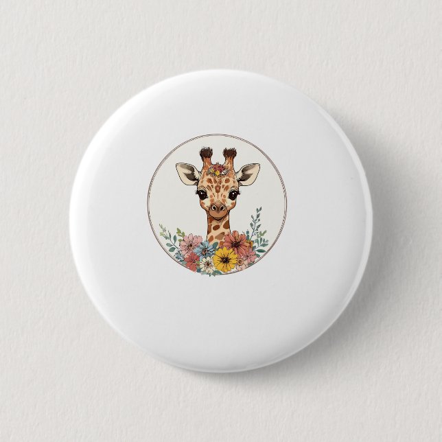 Adorable Giraffe With Flowers   Button (Front)