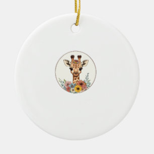 Adorable Giraffe With Flowers Ceramic Ornament