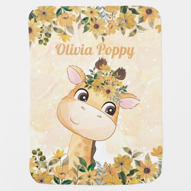 Adorable Giraffe with Sunflowers Blanket + Name (Front)