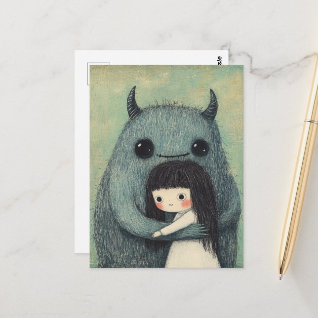 Adorable Girl and Her Cute Monster Friend Fantasy Postcard (Front/Back In Situ)