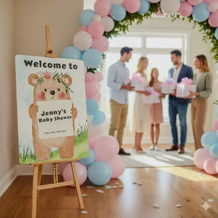 Adorable girl Bear Baby Shower grass background Foam Board