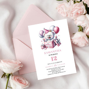 Adorable Girl Birthday Teddy Bear Pink Balloons Invitation