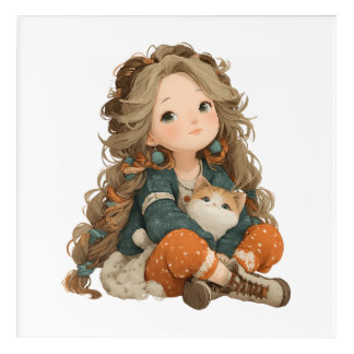 Adorable Girl & Cat – Nursery Wall Art – Kids Room