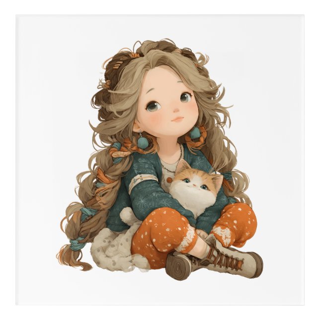 Adorable Girl & Cat – Nursery Wall Art – Kids Room (Front)