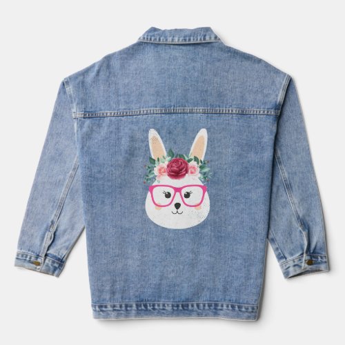 Adorable Girl Easter Bunny  Glasses And Flowers  Denim Jacket